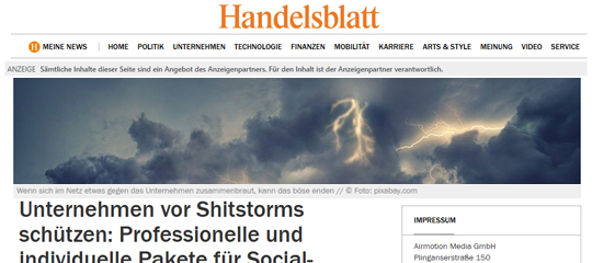 Screenshot des Advertorials von Airmotion Media bei Handelsblatt zum Thema Social-Media-Betreuung